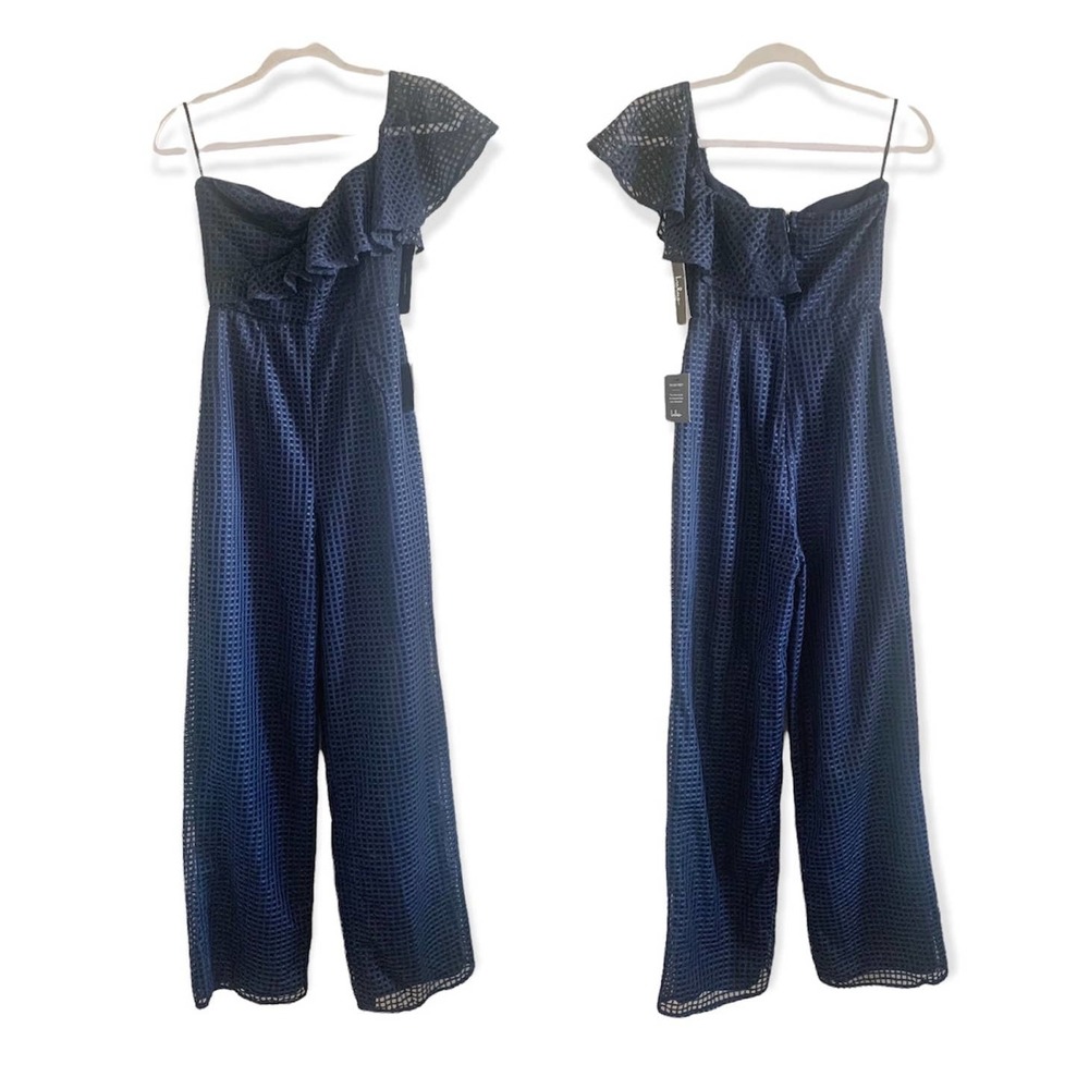Lulus Off the Charts Navy Blue Grid Print Mesh One-Shoulder Jumpsuit XS